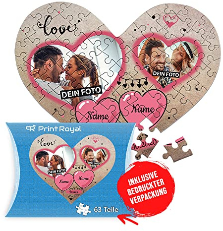 Foto-Puzzle selbst gestalten - Love - mit 2 Fotos, Namen & Datum Bedrucken - Herz-Puzzle Personalisieren - Geschenk zu Valentinstag, Jahrestag - 63 Teile inkl. Kartonverpackung