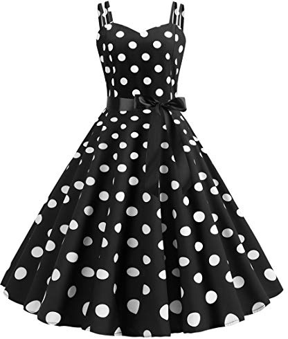 Women Rockabilly Retro 1950s Spaghetti Strap Vintage Polka Dots Swing Midi Dress Cocktail Party Evening Prom Gown