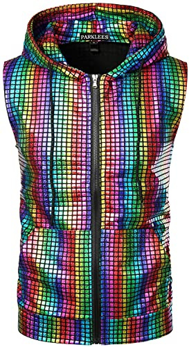PARKLEES Mens Hipster Metallic Sequins Zip Up Sleeveless Hooded Vest T Shirt with Kangaroo Pocket Multicolour S