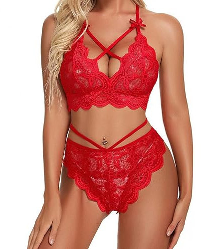 VicSec Women Lace Lingerie Bralette Underwear 2 Pieces Bra and Panty Strappy Babydoll Sleepwear See Through Sheer Lace Sets Nightwear Bikini S-XXL Red