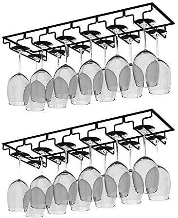 AcornFort W-604 2 Stück 6 Reihige Schwarz Halterung für 12 Tassen, Metall, zum Aufhängen unter dem Schrank, für Weingläser, Sektgläser, Kelche und Stielgläser