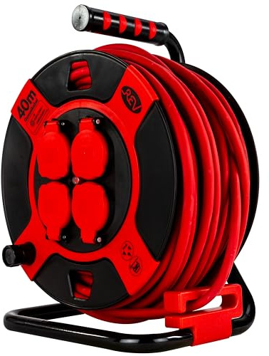 REV Kabeltrumma EX, 40 m, H07RN, IP44, 3 000 W, förlängningskabel, utomhus, 4 uttag, termoströmbrytare, röd