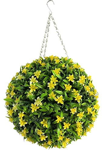 Best Artificial 38cm Lily Topiary Hanging Flower Ball **UV Fade Protected** (Yellow)