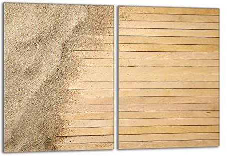 Herdabdeckplatten Set 2x40x52 cm Ceranfeld Abdeckung Glas Spritzschutz Abdeckplatte Glasplatte Herd Ceranfeldabdeckung Deko, Sand Holz