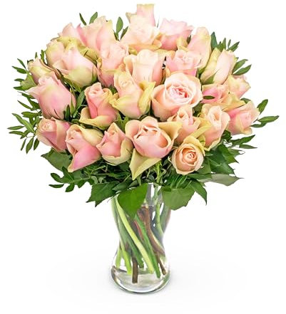 Luxury Pink and White Rose Bouquet – Handcrafted Fresh Flowers with Pistacia Foliage – Long Vase Life Roses Displaying Natural Beauty – Stunning Gift for Birthday, Anniversary or Any Occasion