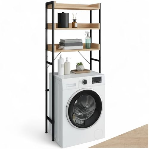 tectake Badezimmerregal mit 3 Ablagen, Badregal, Waschmaschinenregal, Industrial Design, Überbauschrank, Regal für Waschmaschine, Toilettenregal, 67 x25 x 165 cm - Industrial Holz hell, Eiche Sonoma