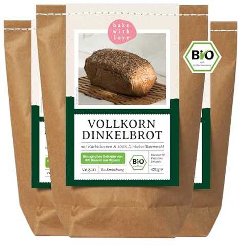 Bio Dinkel Brotbackmischung Vollkorn Dinkelbrot - 100% Bio-Vollkornmehl aus Bayern - Saatenbrot ohne Weizen - für Brotbackautomat & Ofen - Brot backen - Bake with Love - 3er Pack