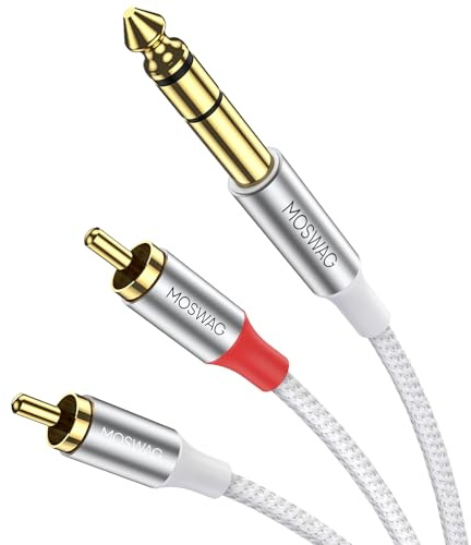 MOSWAG 6,35mm Mâle TRS à 2 RCA Mâle Adaptateur Audio Stéréo 5M | 6,35mm à 2 RCA Câble Plaqué Or Coquille Compatible avec Guitare électronique, Lecteur DVD, TV etc