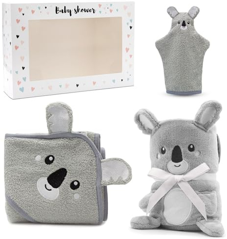 3 Set Geschenk zur Geburt - Babydecke + Kapuzenhandtuch + Baby Waschlappen - Baby Decke wird zusammengerollt zum Kuscheltier - Neugeborenen Geschenk in verschiedene Designs