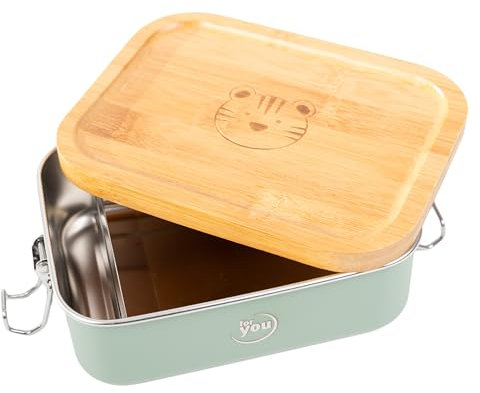 for you Contenitore Portamerenda Merenda Scuola per Bambini, in Acciaio Inox 850 ml, con Coperchio Bambù e Leone o Tigre, Divisorio Rimovibile Scorrevole (Tigre Menta)