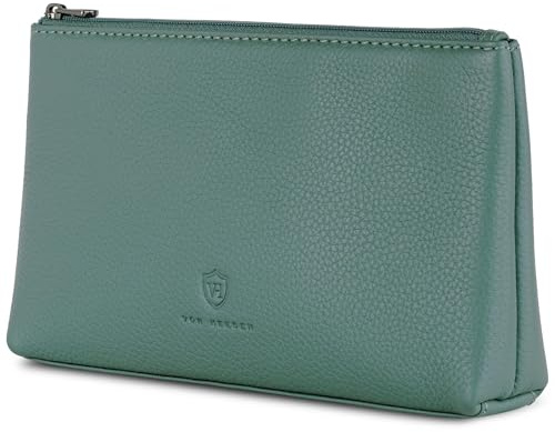 VON HEESEN Echtleder Kosmetiktasche für Damen & Herren - Kulturbeutel aus echtem Leder - Kulturtasche und Waschtasche für Männer und Frauen in Türkis (Silver Pine)