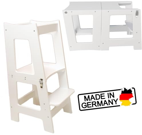 2 in 1 Montessori Lernturm für Kinder klappbar höhenverstallbar Stuhl + Tisch aus Holz Multifunktion Tritthocker Hocker für Jungen & Mädchen Helferturm Lernstuhl Küchenhelfer Weiß Learning Tower