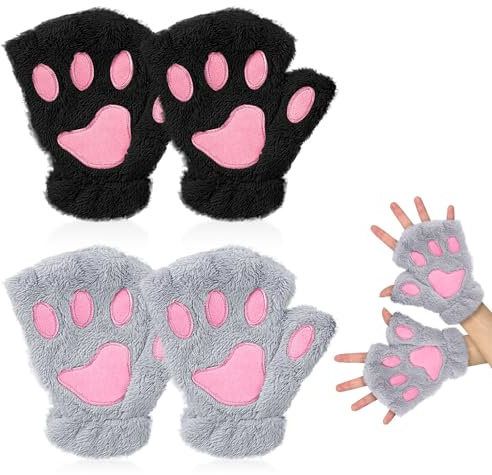 EUPSIIU 2 Pairs Cat Paw Gloves, Winter Warm Furry Paws Gloves, Kawaii Plush Half Finger Thermal Mittens For Teens Girls Halloween Cosplay Party (Black, Grey, One Size)