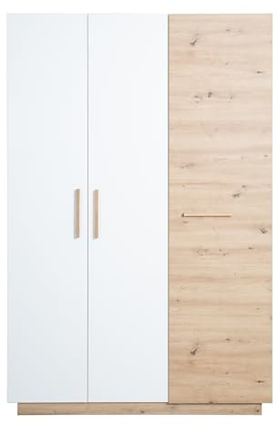 roba Kleiderschrank 'Lion' 3-türig - in Weiß/Holzdekor 'Artisan Eiche' - Griffe aus massiver Eiche - Drehtürenschrank - HxBxT: 200 x 132 x 52,5 cm