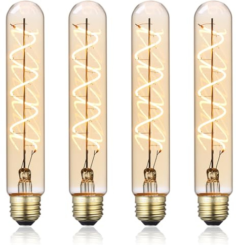 TORCHSTAR LED Vintage Spiral Filament Bulb T10, 4.5W 7.17inch Long Tubular Edison Light Bulbs, E26 Base, Dimmable T10 Filament Bulb for Wall Lamp, Amber Glass, 2000K Soft Warm, ETL/FCC, Pack of 4