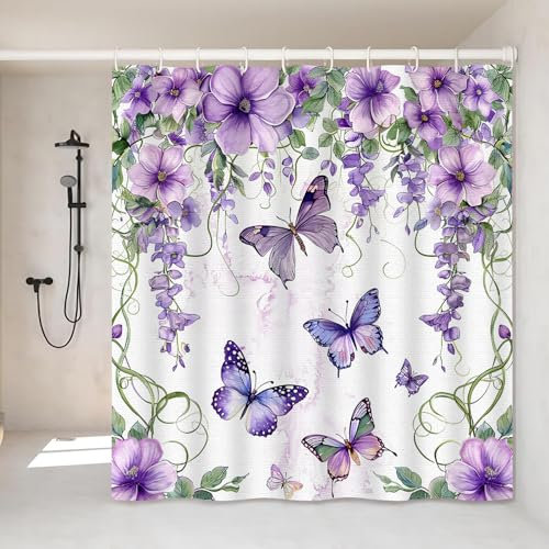 VODRM Tenda da doccia a forma di farfalla, 183 x 183 cm, decorazione floreale per bagno con 12 ganci, viola lavanda e fiori lilla, impermeabile, in poliestere, decorazione moderna per la casa, camera