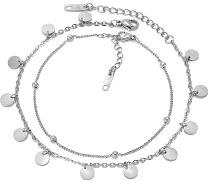 Kim Johanson® Edelstahl Damen Fußkettchen Set *Pure* in Silber, Gold & Roségold | Multi Layer Fußketten mit Plättchen | Wasserfest | Boho Schmuck für Frauen | Verstellbare Länge | Schmuckbeutel