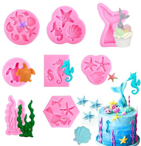Guidre 8 stycken sjöjungfru tårtdekoration sjöjungfru födelsedag dekoration sjöhäst dekoration, snäckform fondant formar svansform bakformar för kakor, choklad, godis