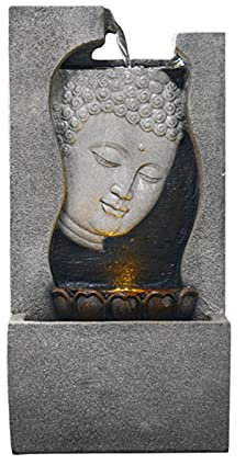 Fuente de Mesa Fuente de Agua con Cara de Buda, Fuente Zen de Cascada de Mesa de Buda con Luces LED, decoración Zen Relajante for Interiores (Gris) Fuente de Interior