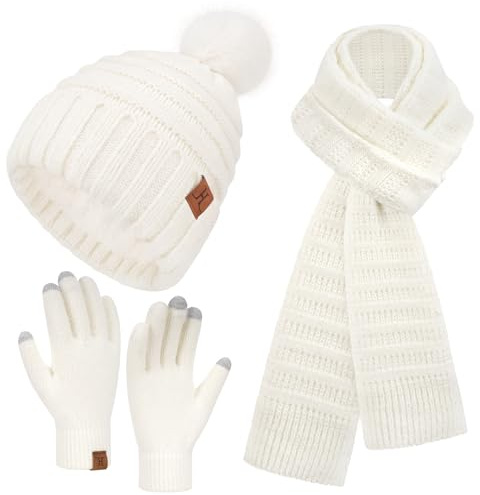 Bequemer Laden Mujeres Invierno Gorro Bufanda Larga Guantes Tactiles Conjunto, Gorra Termicos Pompon con Forro Polar Regalo Mujer para Clima Frío