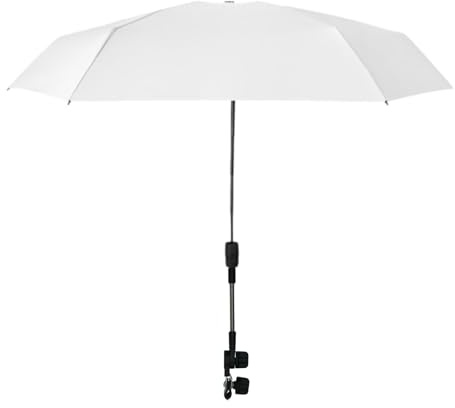Barnvagnsparaply, Clip- -stolparaply, 360° justerbart solskydd med klämma – UPF 50+ UV-skydd, barnvagns-parasoll, stolparaply för barnvagnar, strandkorgar, Vit, Siehe Beschreibung