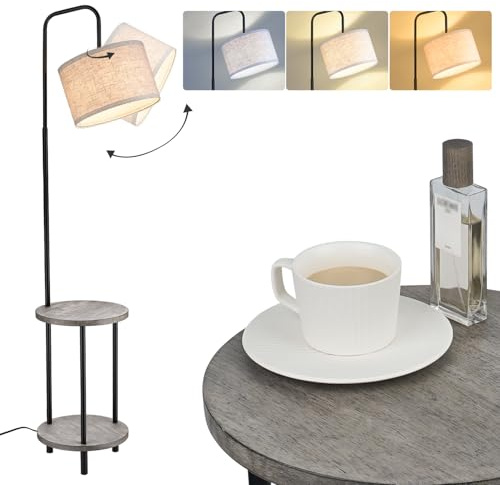 ELYONA Stehlampe Holz mit Tisch, Grau Stoffschirm, Modern Standleuchte mit Ablage aus Massivholz, Inkl. 3 Farbtemperaturen LED, Mid Century Leselampe für Wohnzimmer & Schlafzimmer, Landhausstil
