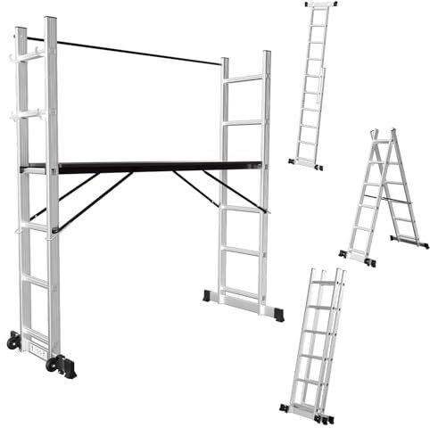 Fiqops Ponteggio, struttura in alluminio 4 in 1, portata massima 276 cm, portata fino a 150 kg, struttura versatile, piattaforma di lavoro mobile e 2 ruote, scala per ponteggi, 2 x 6 pioli, colore