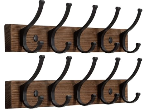 Optish Coat Rack Wall Mount, 16.5 Inches Wood Coat Hooks Wall Mount, Wall Coat Rack with 5 Hooks, Hat Rack Wall Hooks for Hanging Coat, Bag, Towel (2Pack, Brown)