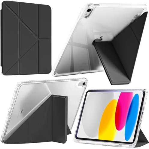 A-BEAUTY Custodia Compatibile con iPad (A16) 11a/10a Generazione (2025/2022) Cover Trasparente Antiurto con Portapenne & Staffe Adattatore, Supporto Trifold 6 in 1 a Forma di Y, Nero