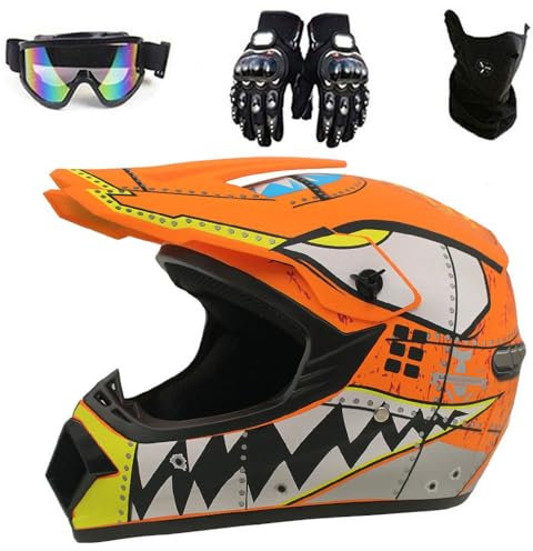 Casques Motocross Adulte avec Lunettes Gants Écran Facial, Casques Intégraux Hommes ATV MX Casques Moto Cross Quad Bike Enduro Scooter Dot Homologué(Orange,S(52-53cm))