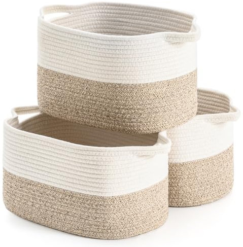HNYQQL Cesto portaoggetti in corda di cotone,utilizzato per organizzare giocattoli per bambini,cesti regalo,vuoto, portabiancheria per bambini.(Bianco e Marrone 3 Pezzi)