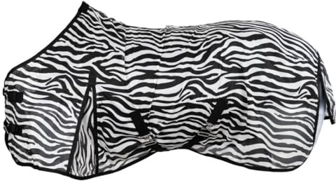 RL24 - Zebra Fliegendecke mit Kreuzgurt – reißfeste & feinmaschige Pferdedecke – Weidedecke zum Schutz vor Insekten – mit Schweifriemen & extra Langen Seiten – Outdoor-Pferdedecke – 145 cm