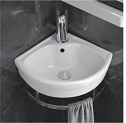 Kleines Eckwaschbecken mit Wandhalterung für Badezimmer mit Wasserhahn & Turmaufhänger – weiße Keramik-Mini-Gefäßspüle mit Überlauf (kompakte Größe: A-Small) für platzsparende Lösungen
