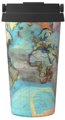 WBQLSL Taza de café impresa con mapa del mundo de dibujos animados, temperatura constante de 24 horas, taza de agua ligera para deportes de viaje