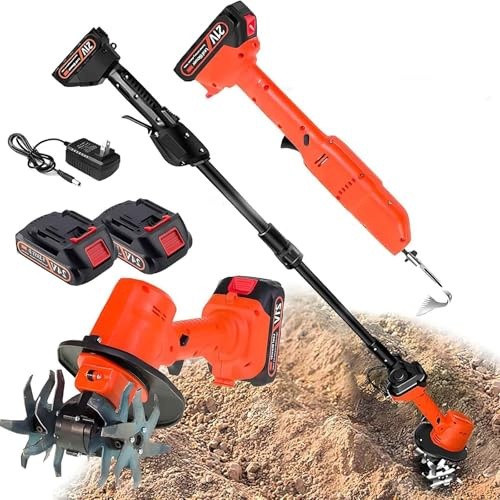 Mini zappa elettrica da scavo, micro motocoltivatore portatile for il taglio dell'erba, coltivatore a batteria con asta telescopica e 2 batterie, for il taglio dell'erba, del grano, la preparazione