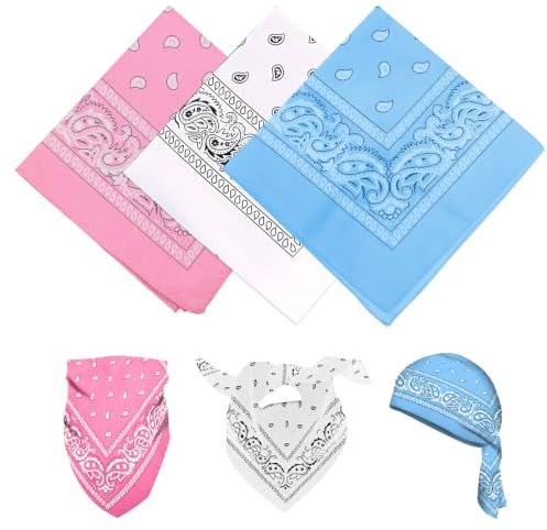 YAWYO 3 Pañuelos Multiusos para el Pelo con Estampado Paisley, Unisex, para Mujer y Hombre, Accesorios de Vaquero (Rosa, Blanco, Azul Cielo)