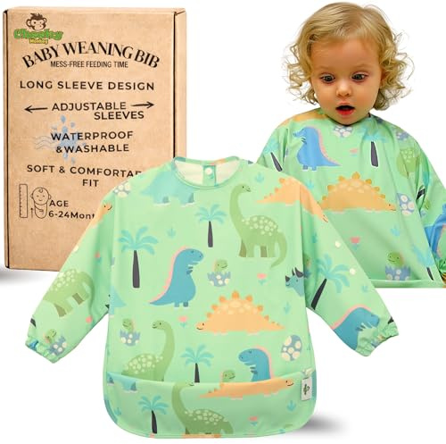 Cheeky Monkey Long Sleeve Baby Bib, Waterproof Weaning Coverall, Dinosaur