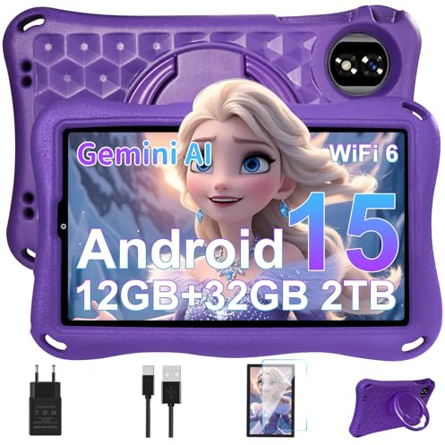 Tablette Enfants 9 Pouces Android 15 GMS,12Go RAM + 32Go ROM(TF 1 To), Octa-Core, Gemini AI Tablette Tactile, 5G WiFi 6, Widevine L1, 5000mAh,BT 5.0,Contrôle Parental Tablette avec EVA Cas-Violet