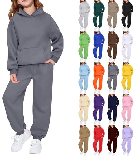 Kids Tracksuit Full Set Girls Boys 2 Piece Oversized Outfit: Girls 2 Piece Outfits Solid Color Cuffed Sweatpants Oversized Pullovers Hoodie Set Sportwear Essentials for Sprots Travel Casual