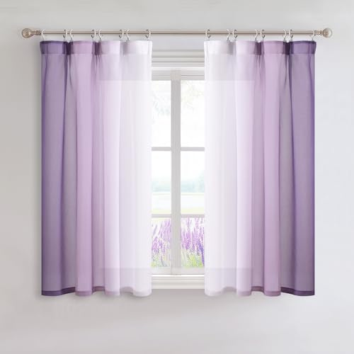DWCN Kurz Lila Farbverlauf Gardinen mit Kräuselband H145 x B140 cm 2er Set | Voile Vorhänge Transparent mit Schienensystem, Schiebevorhänge Luftig Modern für Fenster Kinderzimmer Wohnzimmer Schlafzimmer