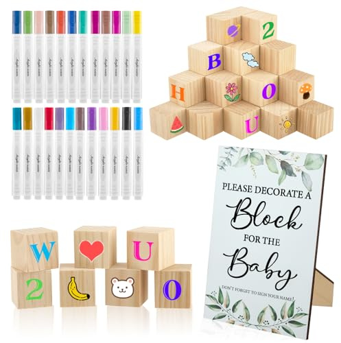 Hoyiyobi 75 Stück Babyparty Spiele Set,Bauklötze Bemalen Babyparty,Lustige Baby Shower & Gender Reveal Spiele Für Gäste,Mit 1*Spielschild,50*Diy-Holzwürfel,24*Acrylfarben-Marker
