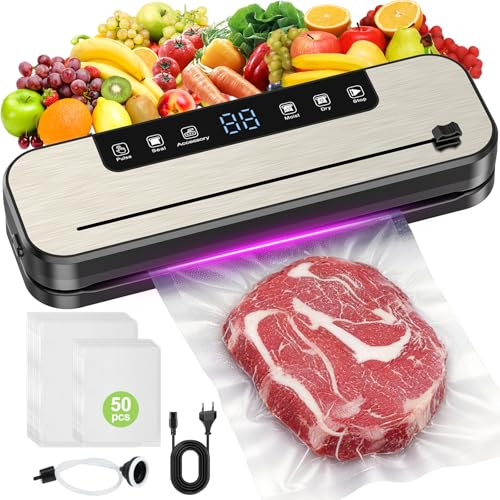 SHINER Machine Sous Vide Alimentaire, Appareil de Mise Sous Vide 6 en 1 avec Modes Sec et Humide, UV, 50 Sacs, Couteau de Coupe et Tuyau, Scellure Large 30 cm –Idéal pour la Conservation