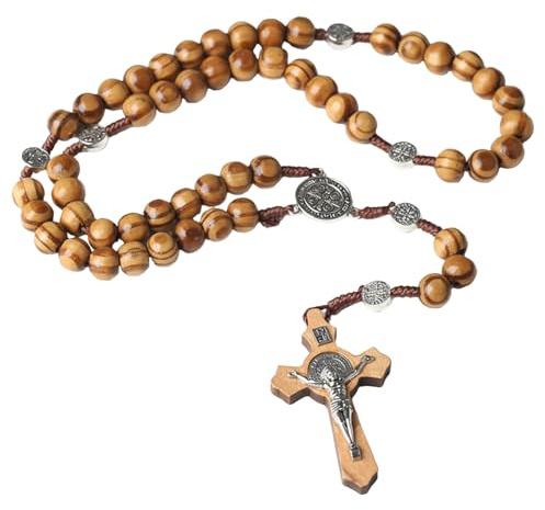 ElvenJoy Wood Rosary Necklace, Holy Land Olive Wood, Catholic Cross Jewelry | Natural handmade smooth beads, religious jewelry for Catholic Christians, perfect for communion, daily prayer and meditation