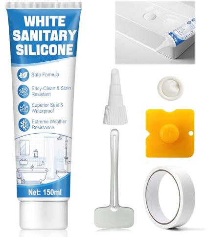 Miioto 150ML Joint Silicone Blanc Salle de Bain, Silicone Sanitaire | Joint silicone Blanc, Forte Adhérence et étanche, Joint Blancs Salle pour Bains, Cuisine, Douche, Comptoirs & Fenêtre
