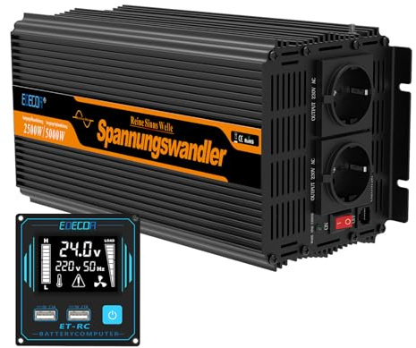 EDECOA Inverter da 24 V a 230 V, 2500 W, convertitore di tensione sinusoidale puro con presa 2 EU, telecomando LCD per roulotte, camion, energia solare, potenza di picco 5000 W
