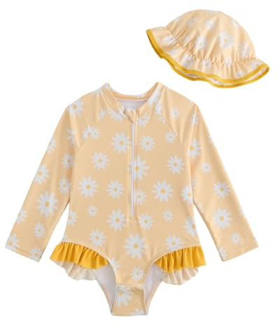 WYTbaby Traje de baño de manga larga para bebé niña con sombrero, volantes florales, parte inferior a presión, protección solar, trajes de baño para niña pequeña/infantil 3M-3T, 9-12 meses