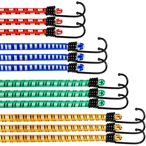 Bungee Cords with Hooks, Assorted Pack of 12 Elastic Bungee Straps, Heavy Duty UV-Resistant Tie Down Bungee Cords for Garden Furniture, Luggage, Roof Racks, Camping, Tarps, & Storage Multi-Purpose