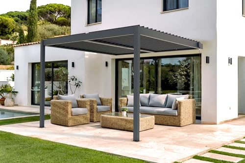 Cazeboo Pérgola bioclimática adosada Piana de 3x3 m en Aluminio Gris con 3 contraventanas para Mayor privacidad.