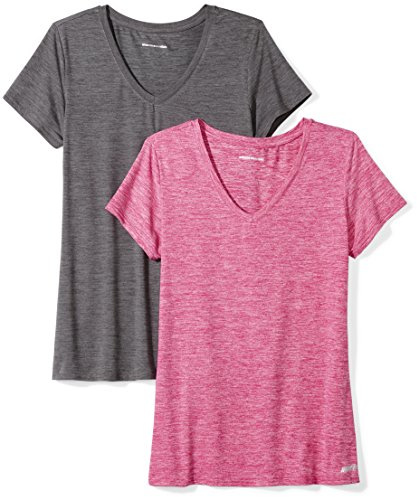 Amazon Essentials Women's 2-Pack Tech Stretch Short-Sleeve V-Neck T-Shirt Shirt, -charcoal heather/radiant raspberry heather, X-Small