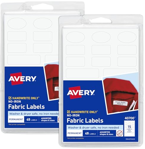 Avery® No-Iron Fabric Labels, Assorted Shapes and Sizes, Washer and Dryer-Safe, White, Non-Printable, 45 Labels Per Pack, 90 Total (2-Pack of 40700)